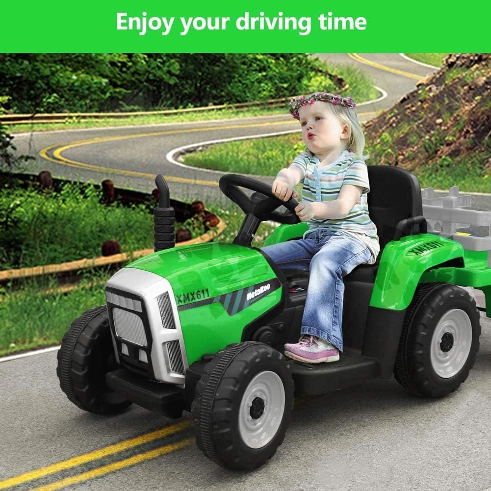 تراکتور سواری کودک با تریلر، ماشین اسباب بازی برقی با باتری و تریلر، لودر با 3 دنده، چراغ های LED، پورت USB و بوق، سبز