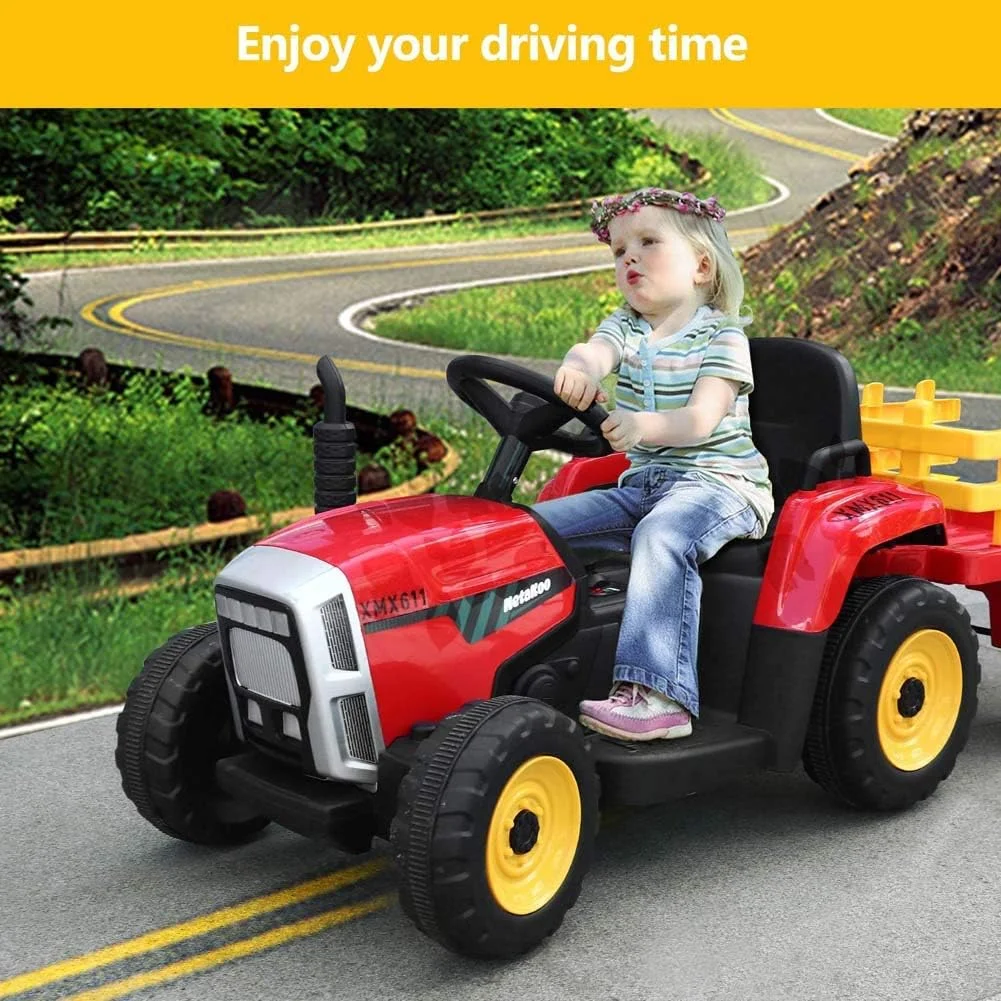تراکتور سواری کودک با تریلر، ماشین اسباب بازی برقی باتری دار با لودر زمینی 3 دنده، چراغ های LED، پورت USB و بوق، قرمز