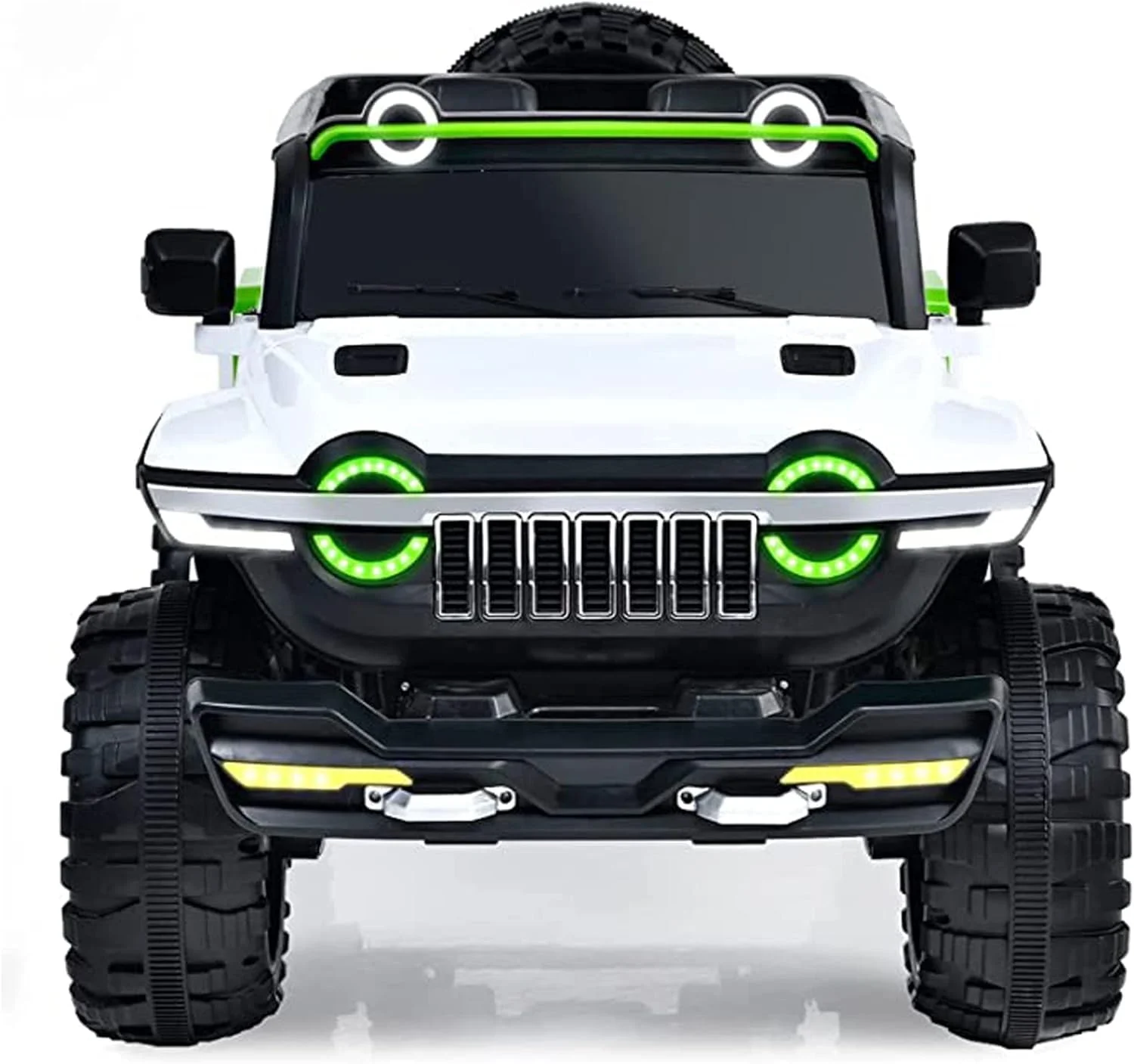 ماشین بازی کودکانه جیپ با باتری 12 ولت، ماشین الکتریکی با کنترل از راه دور، چراغ های LED، موسیقی، چرخ های بزرگ EVA و کمربند ایمنی - ماشین بازی شاسی بلند آفرود برای پسران و دختران (سفید)