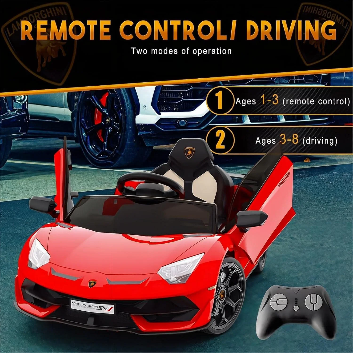 ماشین سواری کودکانه Hetoy، لامبورگینی برقی دارای مجوز، ماشین اسپرت باتری خور با کنترل، 2 سرعت، سیستم صوتی، چراغ های جلوی LED و درهای هیدرولیک