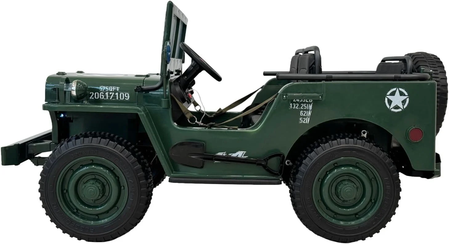 ماشین بازی کودکانه ارتشی برقی 12 ولت با چراغ های LED، سبز ارتشی، 3 نفره، 5-10 سال