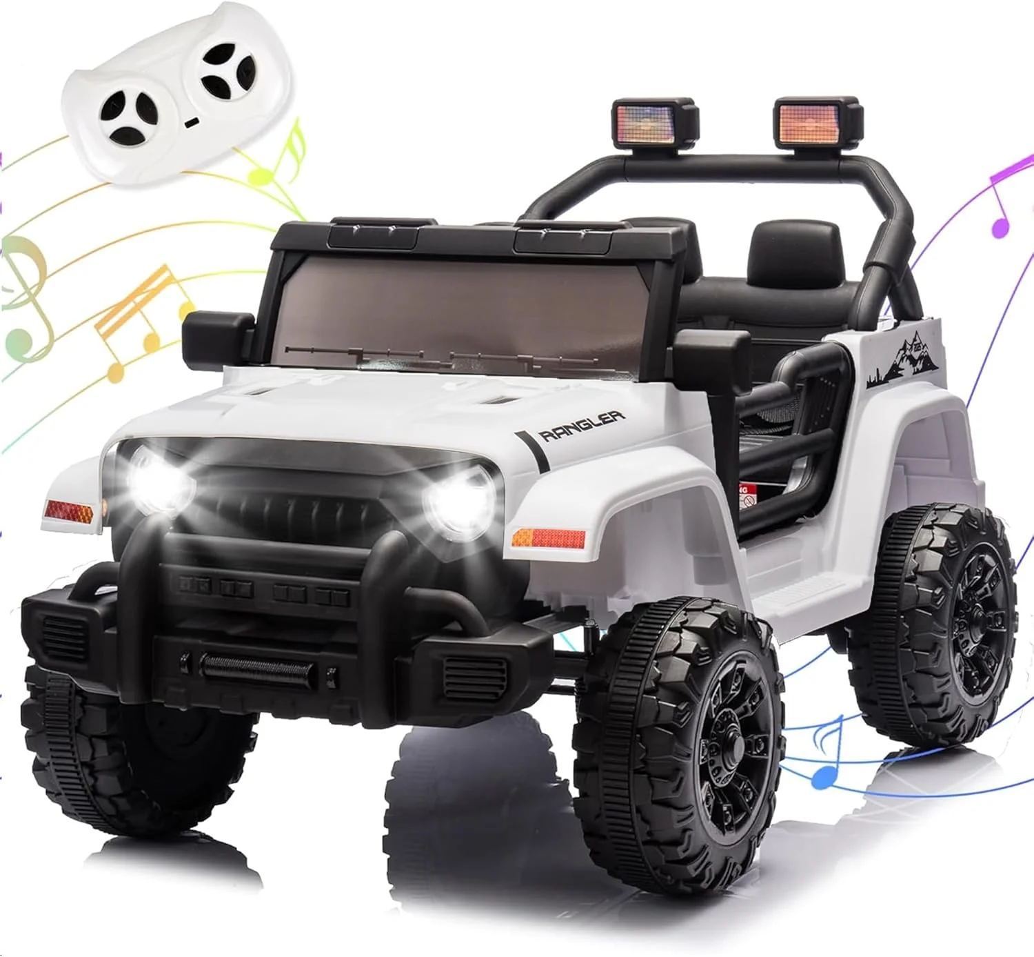 ماشین سواری کامیونی، ماشین های الکتریکی 12 ولت کودکان با کنترل والدین، اسباب بازی های سواری برای کودکان نوپا با موسیقی، بلوتوث، سیستم تعلیق چهار چرخ، USB، چراغ های جلو، سفید