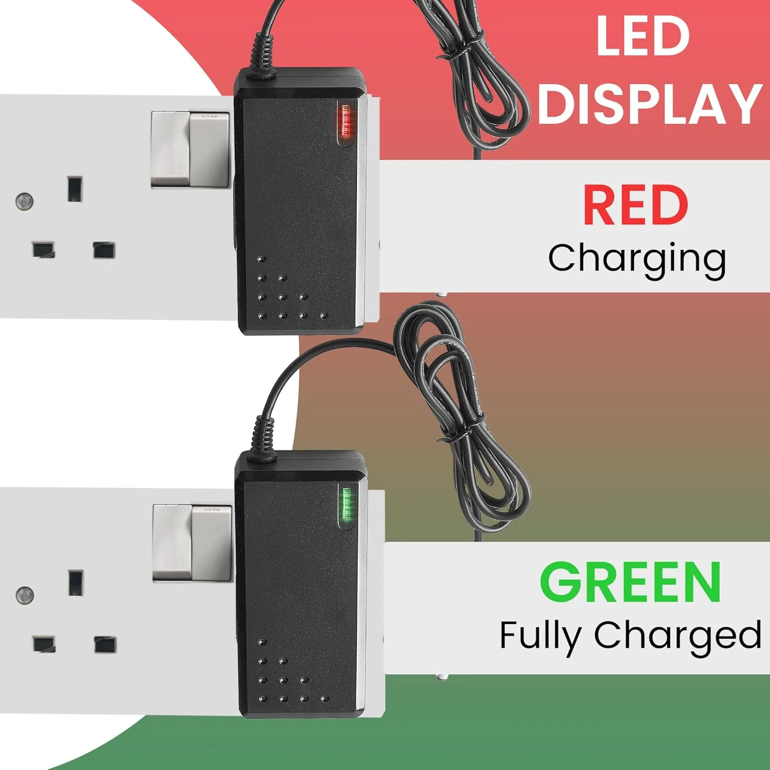 شارژر 24 ولت مناسب برای ماشین های برقی، جیپ، اسکوتر و موتور چهارچرخ کودکانه / دارای نشانگر شارژ چراغ سبز.