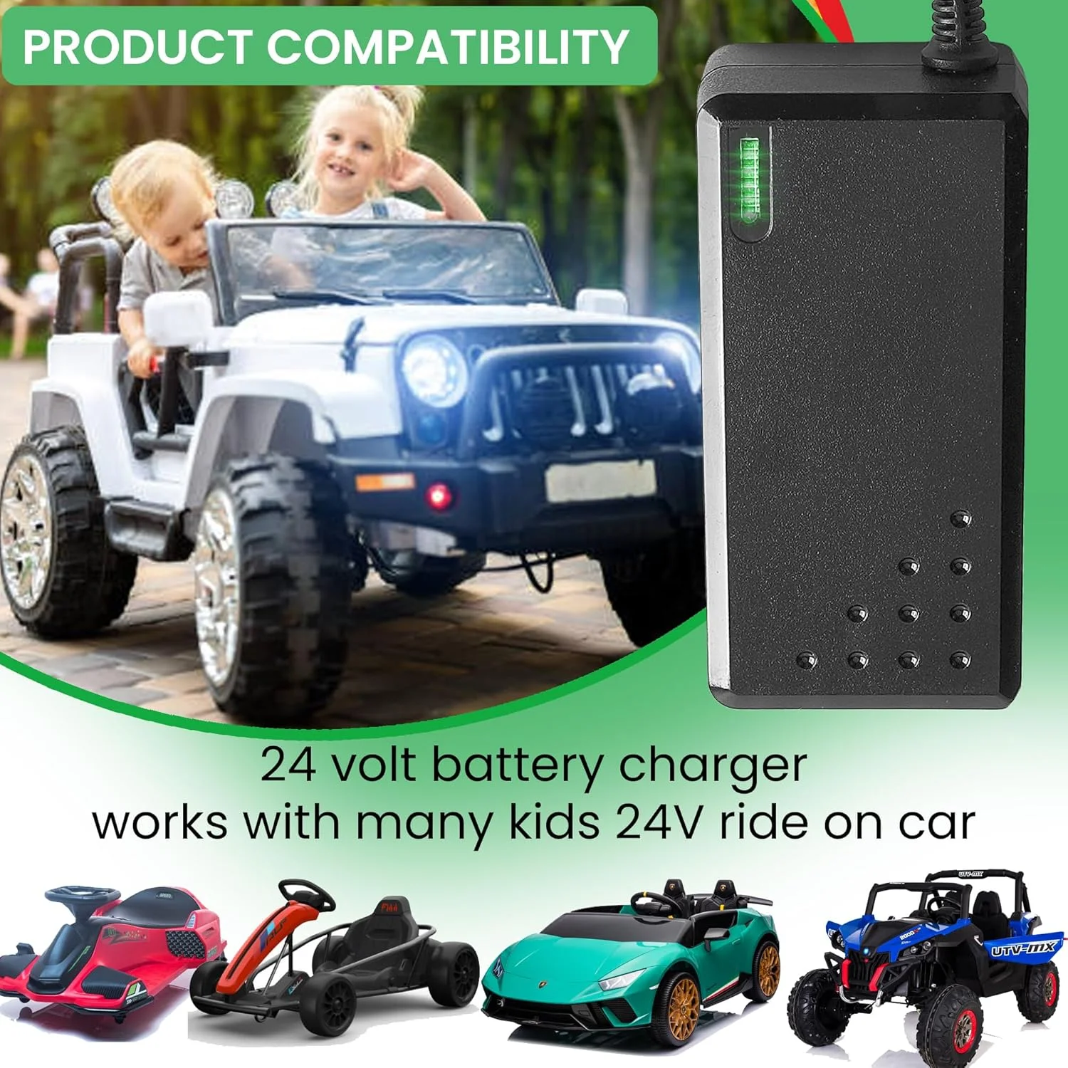 شارژر 24 ولت مناسب برای ماشین های برقی، جیپ، اسکوتر و موتور چهارچرخ کودکانه / دارای نشانگر شارژ چراغ سبز.