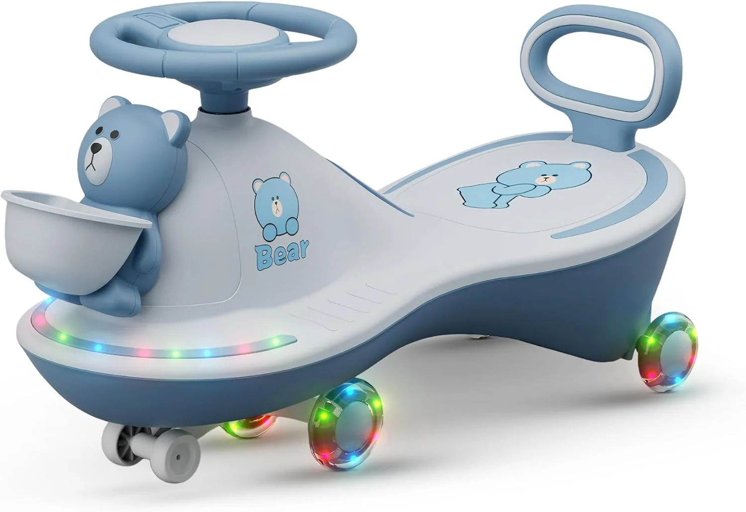 ماشین بازی کودک Baybee، ماشین چرخشی با سبد جلویی، چرخ های ال ای دی PU، موزیک و پشتی | اسباب بازی هل دادنی برای کودکان 3 تا 8 سال دختر و پسر (آبی)