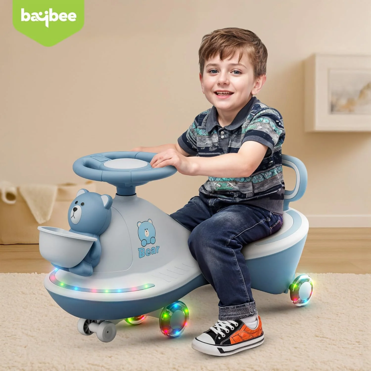 ماشین بازی کودک Baybee، ماشین چرخشی با سبد جلویی، چرخ های ال ای دی PU، موزیک و پشتی | اسباب بازی هل دادنی برای کودکان 3 تا 8 سال دختر و پسر (آبی)