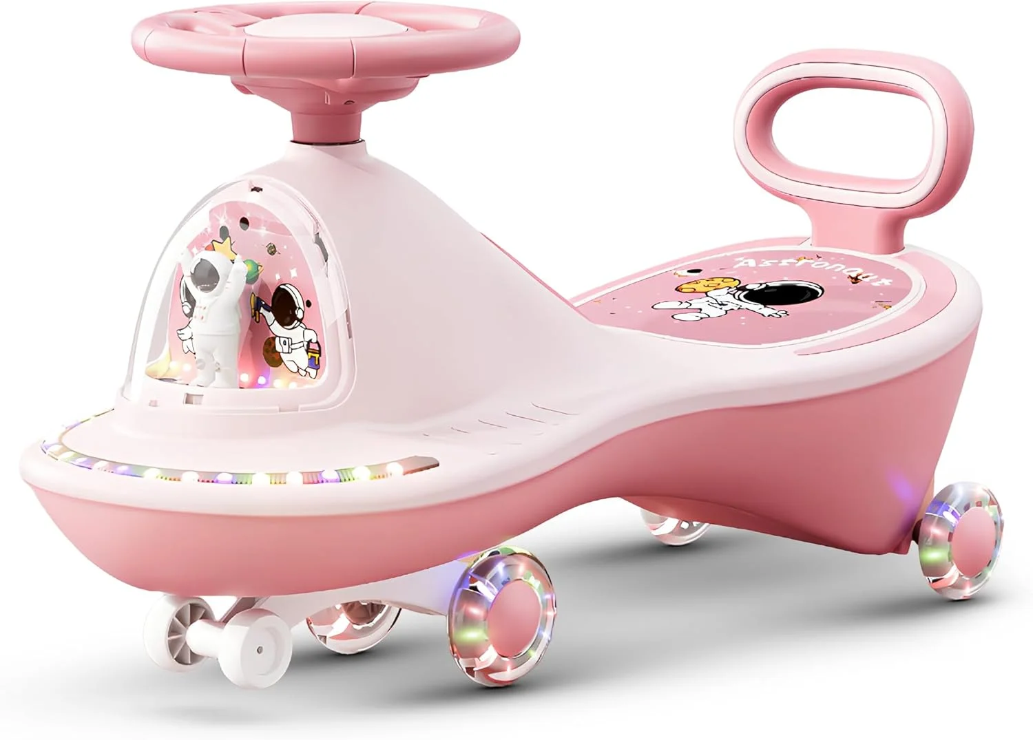 ماشین بازی کودک Baybee Astro، ماشین چرخان جادویی با چرخ های چراغ دار PU، موزیک و پشتی | ماشین سواری هل دادنی کودک | ماشین کودک نوپا برای کودکان 3 تا 8 سال دختر و پسر (صورتی)