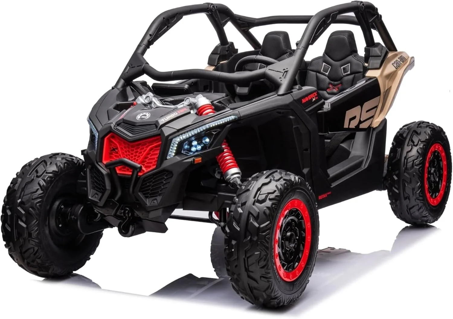 ماشین بازی دو نفره کان-ام ماوریک 24 ولت برای کودکان، چراغ ال ای دی، کنترل از راه دور، MP3، چرخ های EVA (مشکی)