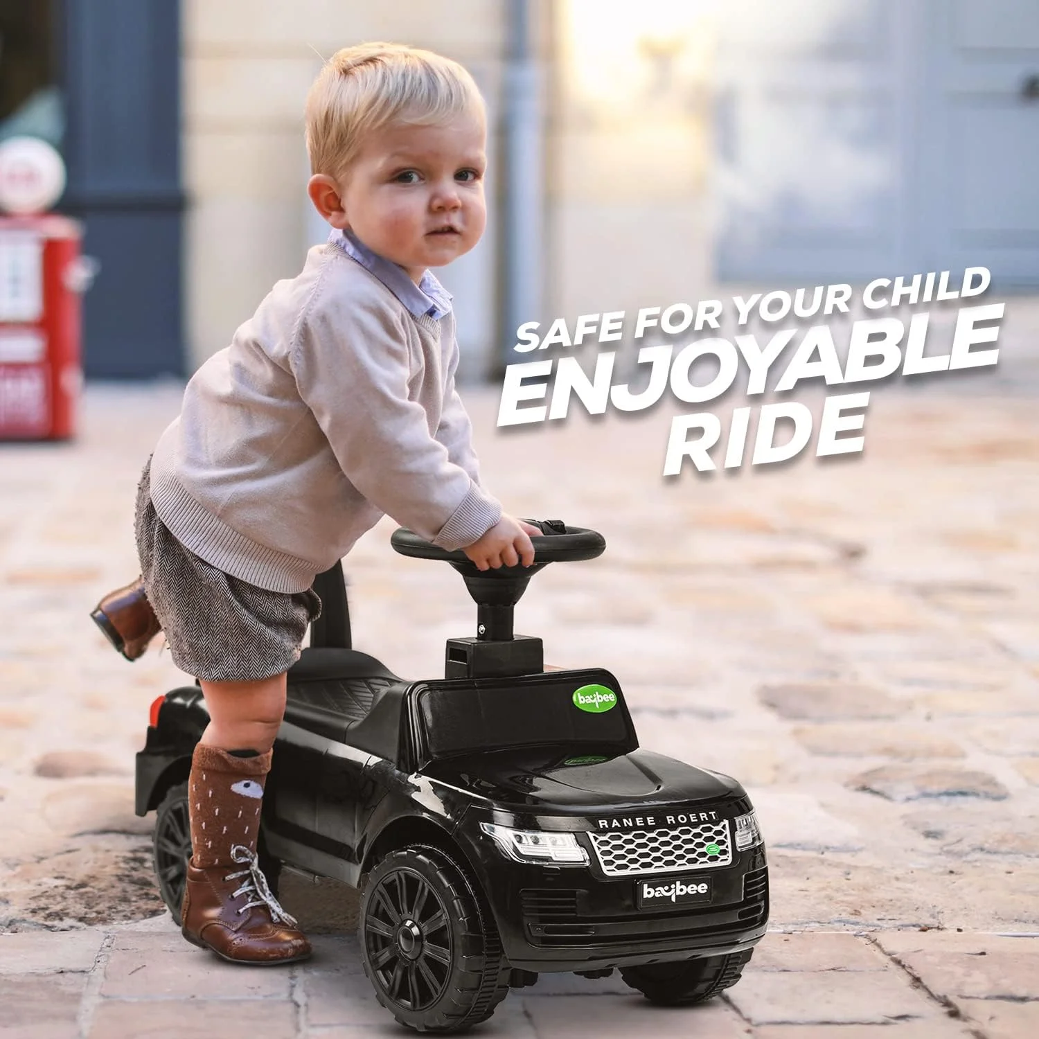 ماشین بازی کودک Baybee Rover، ماشین سواری با قابلیت پخش موسیقی، نور، فضای ذخیره سازی و پشتی بلند، ماشین هل دادنی برای کودکان | ماشین کودک | ماشین سواری برای کودکان 1 تا 3 سال پسر و دختر (مشکی)