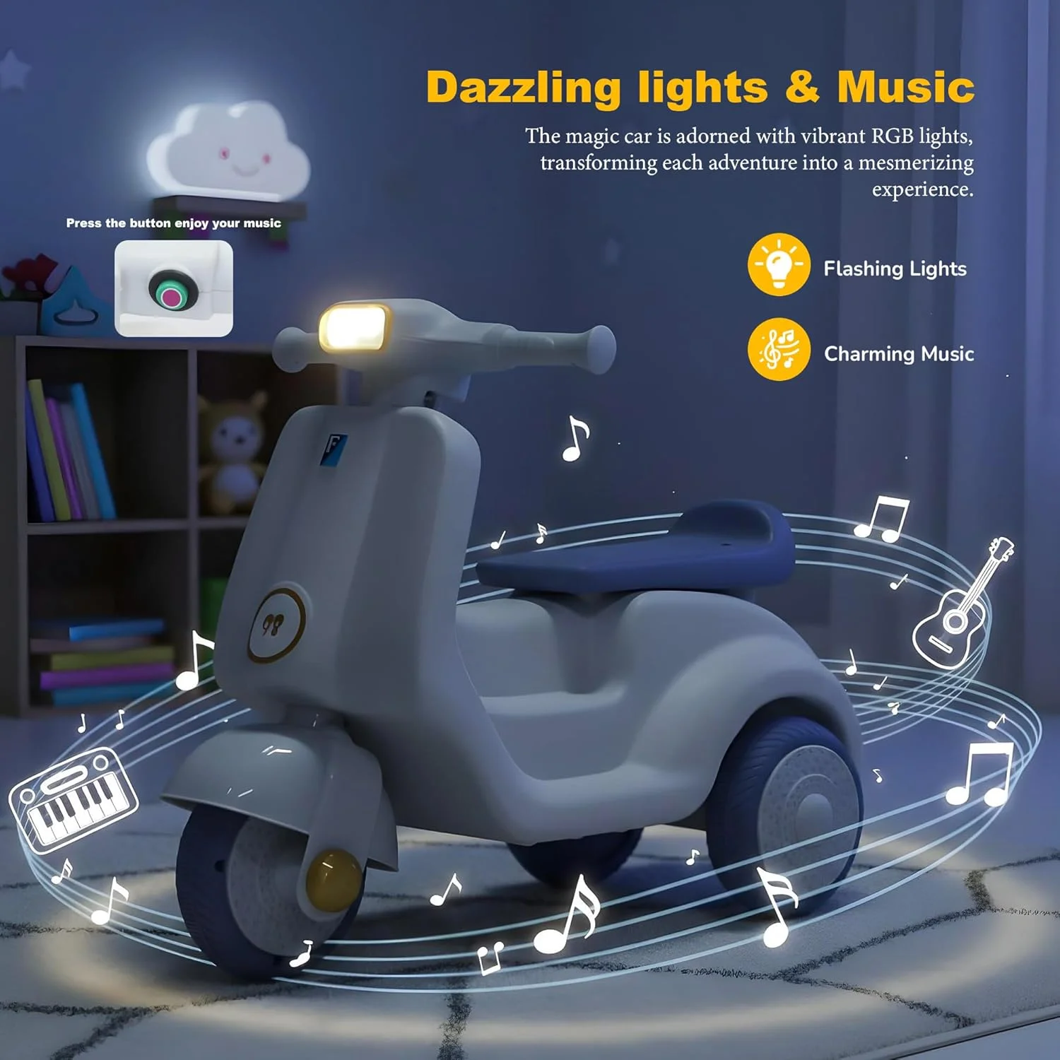 ماشین سواری کودک Baybee، ماشین هل دادنی کودک نوپا با چراغ های RGB، موسیقی، صندلی جادار | ماشین سواری هل دادنی کودک برای راندن کودکان 1 تا 3 سال پسران دختران (سفید)