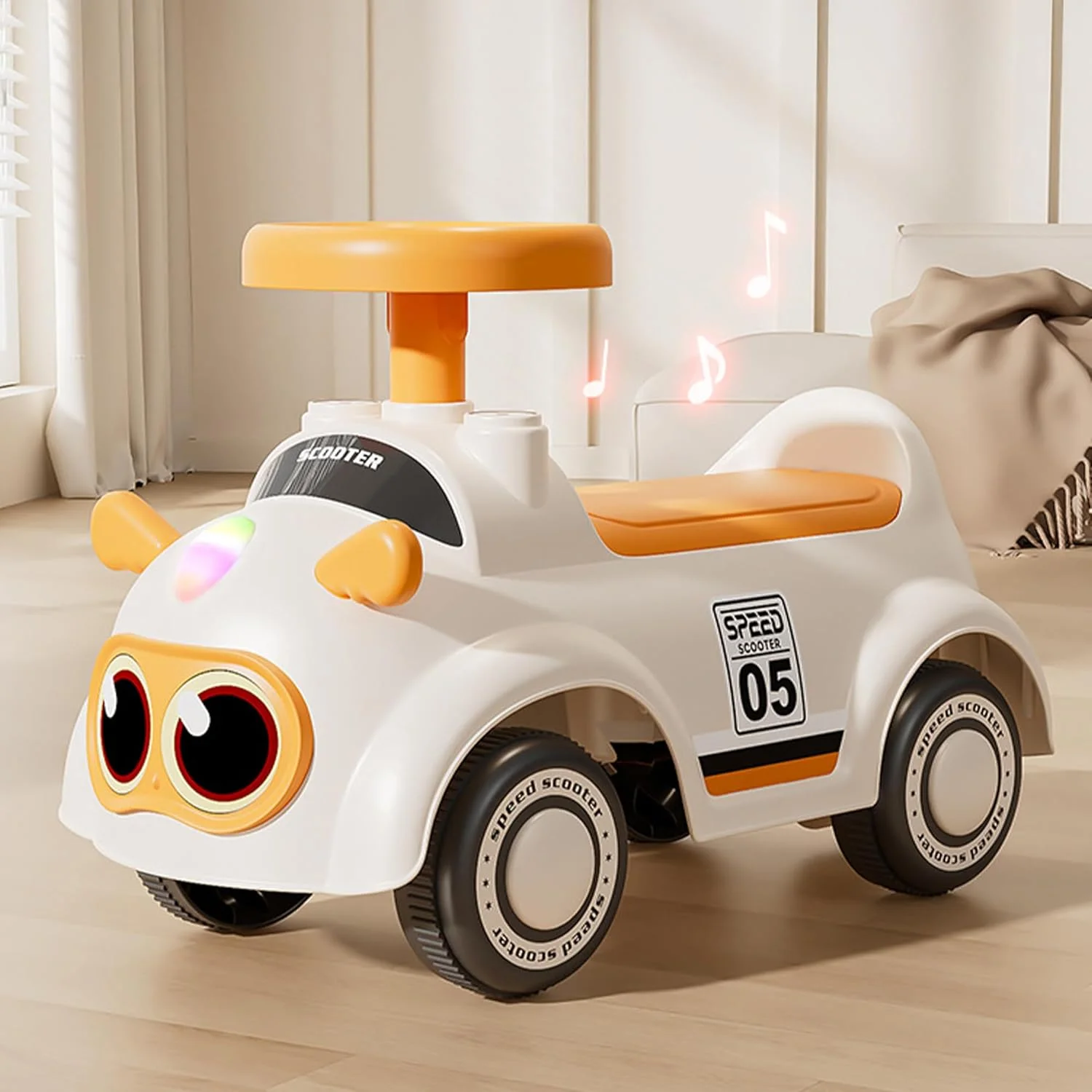 ماشین سواری Baybee Buggy مناسب کودکان 1 تا 3 سال، ماشین هل دادنی برای کودکان نوپا با چرخ های روان، چراغ ها و موسیقی سرگرم کننده، صندلی پهن راحت با پشتی، ماشین سواری هل دادنی کودک (نارنجی)