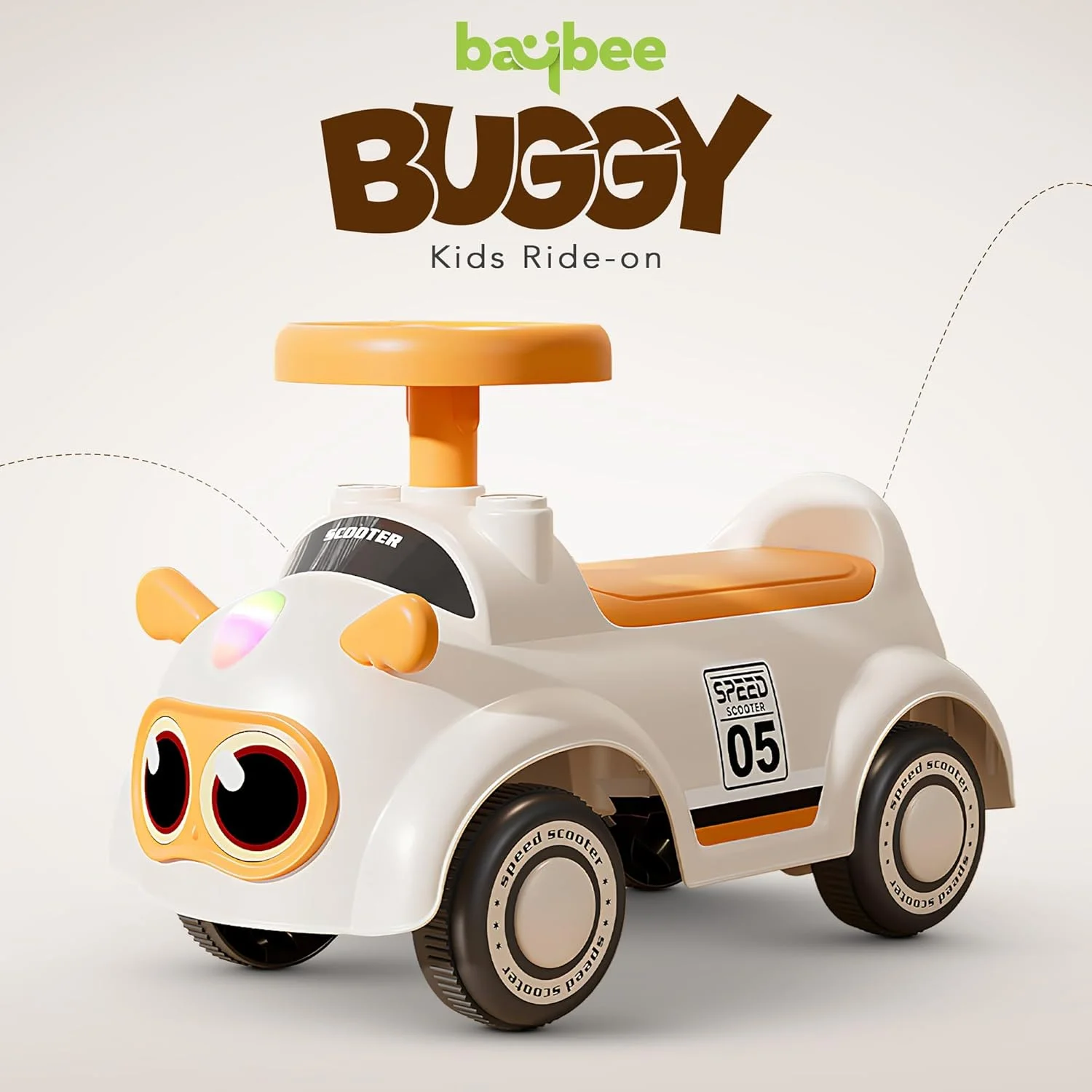 ماشین سواری Baybee Buggy مناسب کودکان 1 تا 3 سال، ماشین هل دادنی برای کودکان نوپا با چرخ های روان، چراغ ها و موسیقی سرگرم کننده، صندلی پهن راحت با پشتی، ماشین سواری هل دادنی کودک (نارنجی)