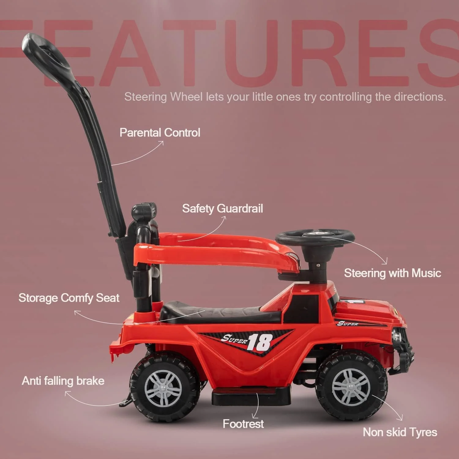 ماشین سواری کودک Baybee Draco، ماشین بازی کودک با دکمه های موزیک و بوق | ماشین اسباب بازی کودک | ماشین سواری برای کودکان 1-3 ساله (قرمز)