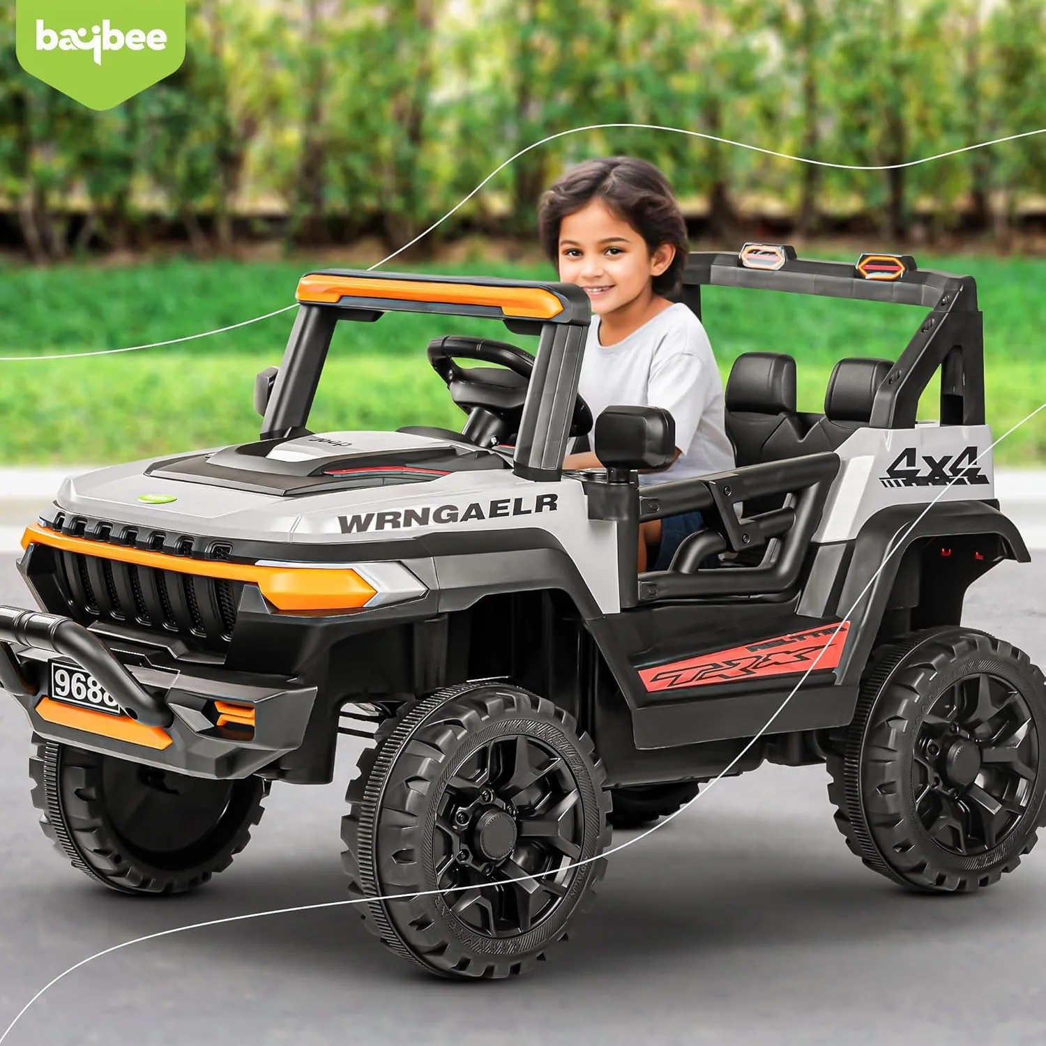 ماشین جیپ باتری خور کودک Baybee، جیپ شارژی کودکانه با چراغ و موزیک | ماشین بازی بزرگ کودکانه | ماشین های باتری خور برای پسران و دختران 2 تا 6 سال (خاکستری)