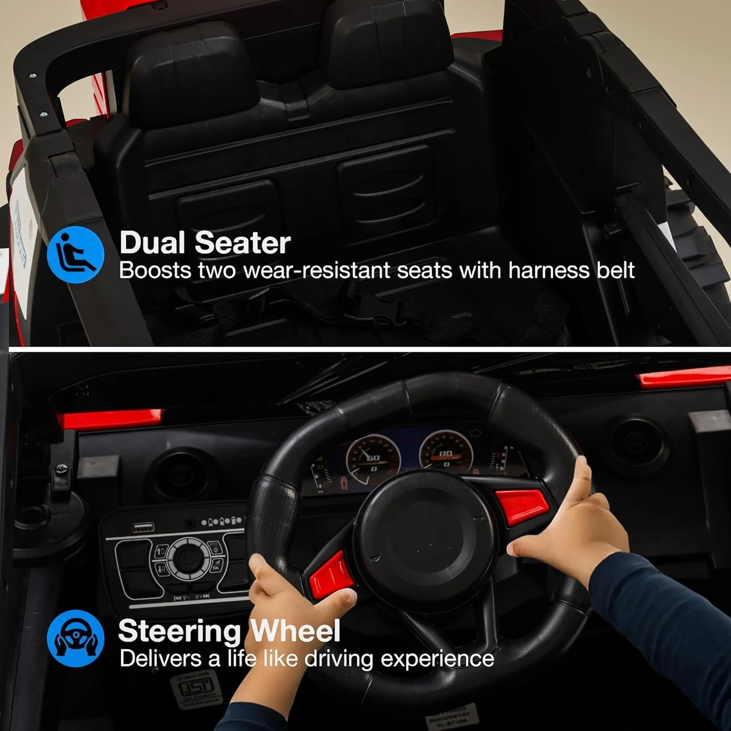 جیپ باتری خور 4×4 برای کودکان، ماشین بازی سواری کودک با صندلی دوگانه، چراغ ال ای دی، بلوتوث و موسیقی | ماشین های باتری بزرگ کودک | ماشین جیپ برقی برای رانندگی کودکان 3 تا 8 سال