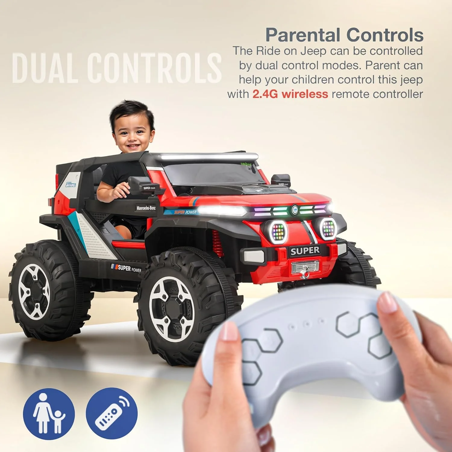 جیپ باتری خور 4×4 برای کودکان، ماشین بازی سواری کودک با صندلی دوگانه، چراغ ال ای دی، بلوتوث و موسیقی | ماشین های باتری بزرگ کودک | ماشین جیپ برقی برای رانندگی کودکان 3 تا 8 سال