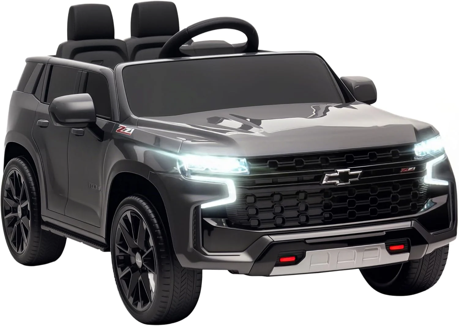 ماشین بازی سواری شورولت تاهو با مجوز Aosom، ماشین بازی برقی 12 ولت 7 آمپر با کنترل از راه دور والدین، چراغ های LED، موسیقی، سیستم تعلیق 4 چرخ، 3 سرعت، وسیله نقلیه برقی کودکانه برای سنین 3 سال به بالا، خاکستری