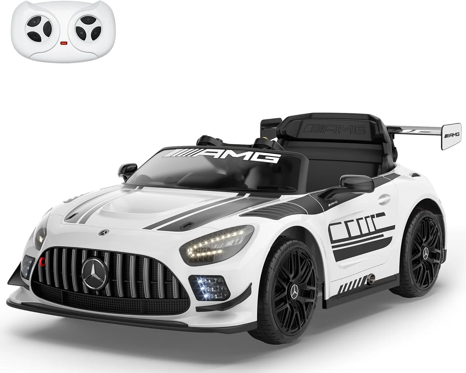 ماشین سواری کودکانه ۱۲ ولت مدل مرسدس بنز GTR، با کنترل از راه دور، شروع نرم، پخش کننده موسیقی، ۳ سرعت، سیستم تعلیق چرخ، چراغ های LED، ماشین برقی برای کودکان ۳-۶ سال (سفید)