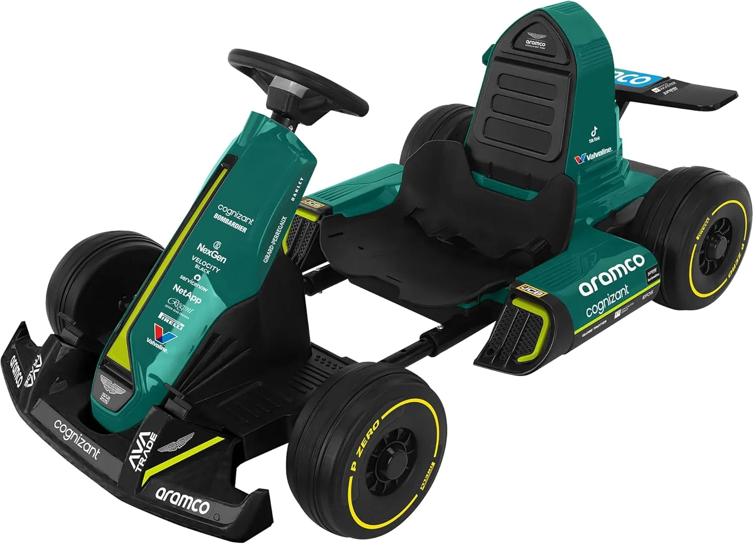 ماشین کارتینگ سواری آستون مارتین F1 با باتری 12 ولت برای کودکان، دارای چراغ های LED، صداهای موتور، 2 سرعت، بدنه قابل افزایش، پدال پا و ترمز، حداکثر وزن 50 کیلوگرم، حرکت به جلو و عقب (باتری خور)