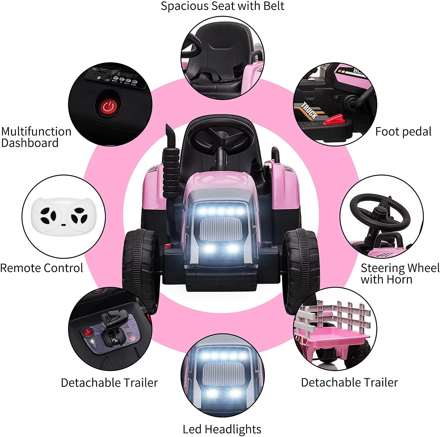 تراکتور برقی 12 ولت کودک با تریلر، ماشین سواری کودکانه با کنترل از راه دور/ چراغ های جلو 7-LED/ تعویض دنده 2+1/ پخش کننده موسیقی/ پورت USB برای کودکان 3-6 سال (صورتی روشن، لاستیک آجدار 25 وات)
