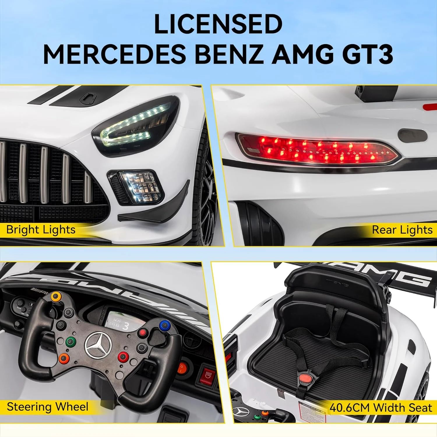 ماشین سواری کودکانه ۱۲ ولت مدل مرسدس بنز GTR، با کنترل از راه دور، شروع نرم، پخش کننده موسیقی، ۳ سرعت، سیستم تعلیق چرخ، چراغ های LED، ماشین برقی برای کودکان ۳-۶ سال (سفید)