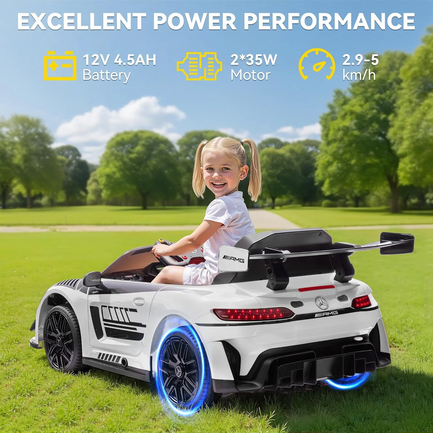ماشین سواری کودکانه ۱۲ ولت مدل مرسدس بنز GTR، با کنترل از راه دور، شروع نرم، پخش کننده موسیقی، ۳ سرعت، سیستم تعلیق چرخ، چراغ های LED، ماشین برقی برای کودکان ۳-۶ سال (سفید)