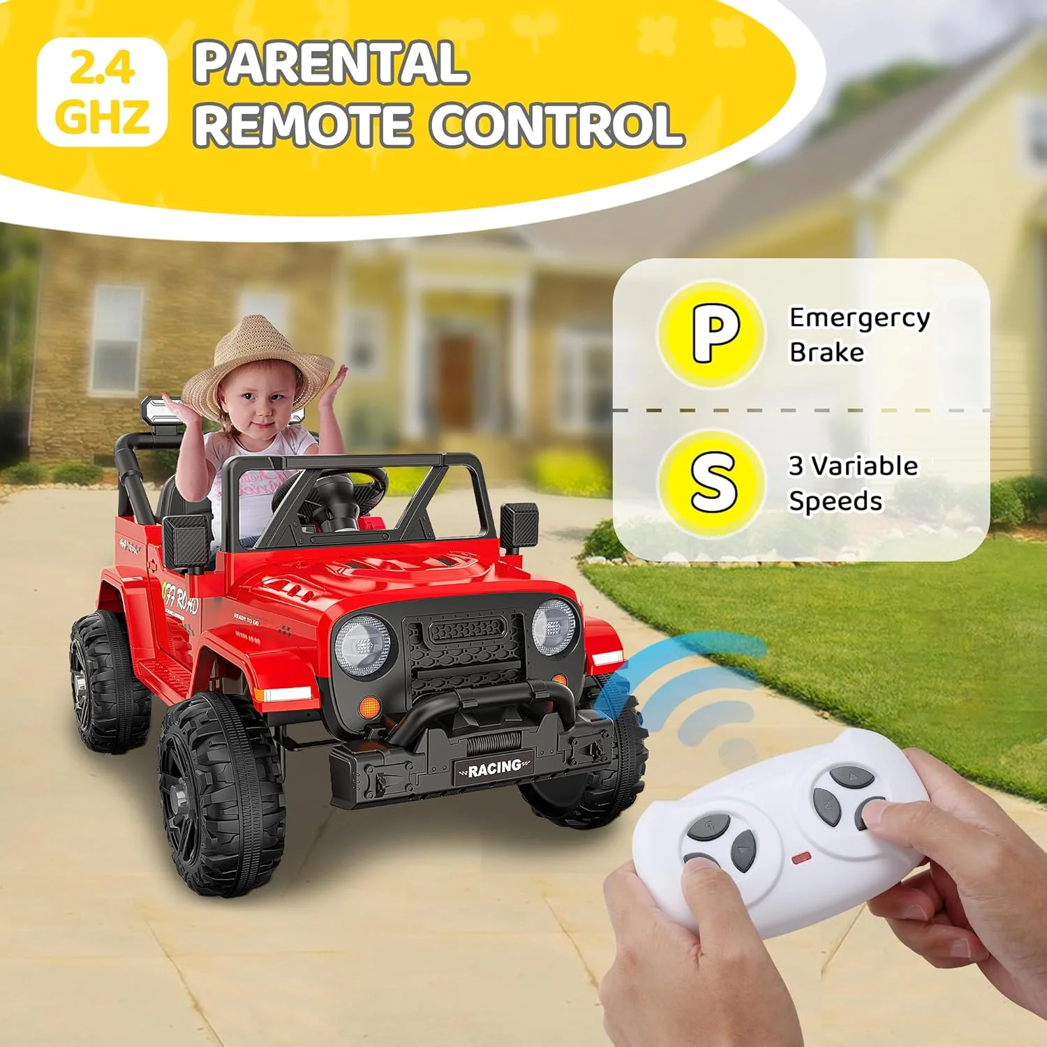 ماشین سواری کامیون ANPABO 12V با کنترل از راه دور، ماشین های برقی کودکان با موسیقی بلوتوث، بوق، 3 سرعت، 4 چراغ LED، شروع نرم، اسباب بازی سواری برای کودکان (قرمز)