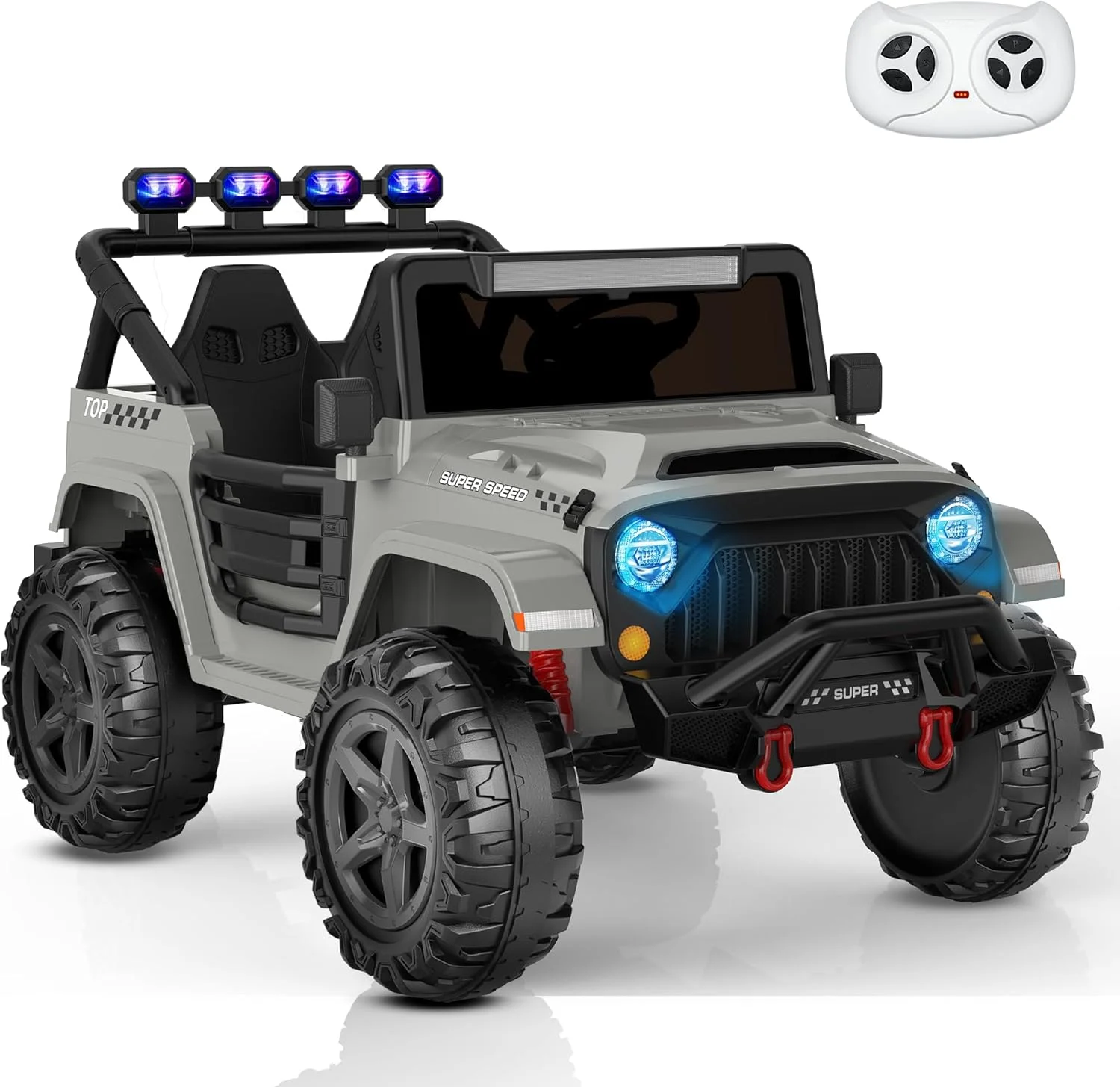 ماشین سواری کامیونی ANPABO برای کودکان، وسیله نقلیه الکتریکی 12 ولتی با کنترل از راه دور، بلوتوث، نمایشگر قدرت، چراغ های رنگین کمانی، پخش کننده موسیقی، اسباب بازی سواری برای پسران و دختران نوپا (خاکستری)