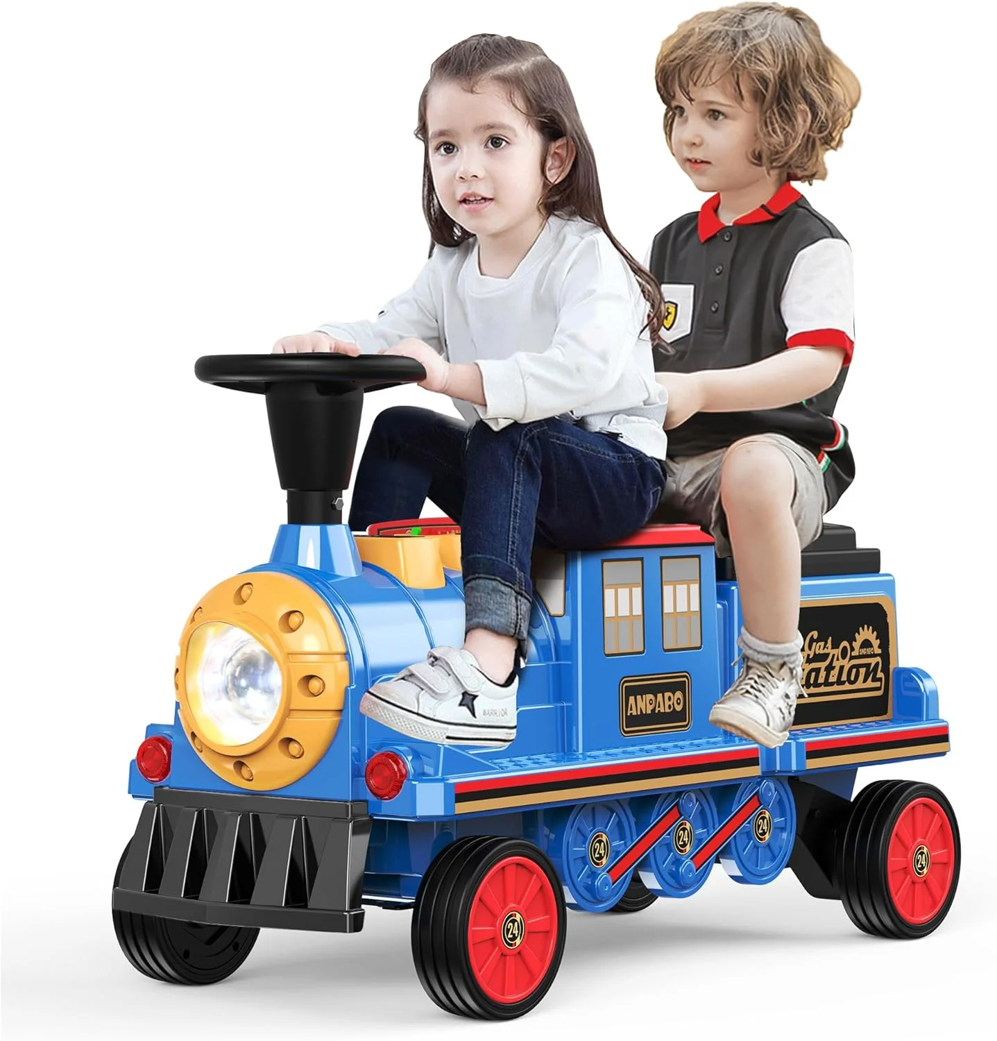 قطار سواری دو نفره بدون ریل ANPABO، ماشین کودک 12 ولت با صندلی قابل تنظیم ارتفاع، فضای ذخیره سازی اضافی، چراغ جلو، سوت قطار و موسیقی، ماشین برقی برای کودکان 3+ (واگن شامل نمی شود)، آبی