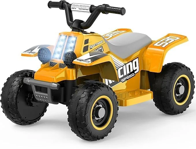 موتور چهار چرخ کودکانه | موتور ATV چهار چرخ با چراغ های LED، باتری قابل شارژ و طراحی واقعی | اسباب بازی ماجراجویی در فضای باز برای کودکان 3-6 ساله (زرد)