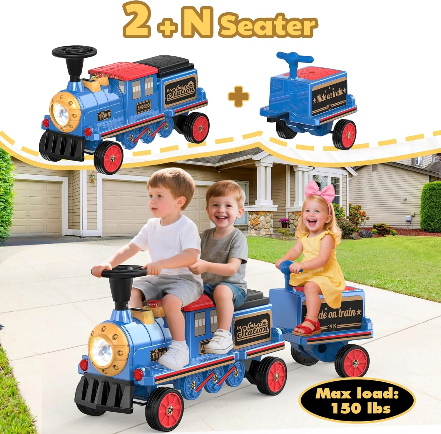 قطار سواری دو نفره بدون ریل ANPABO، ماشین کودک 12 ولت با صندلی قابل تنظیم ارتفاع، فضای ذخیره سازی اضافی، چراغ جلو، سوت قطار و موسیقی، ماشین برقی برای کودکان 3+ (واگن شامل نمی شود)، آبی
