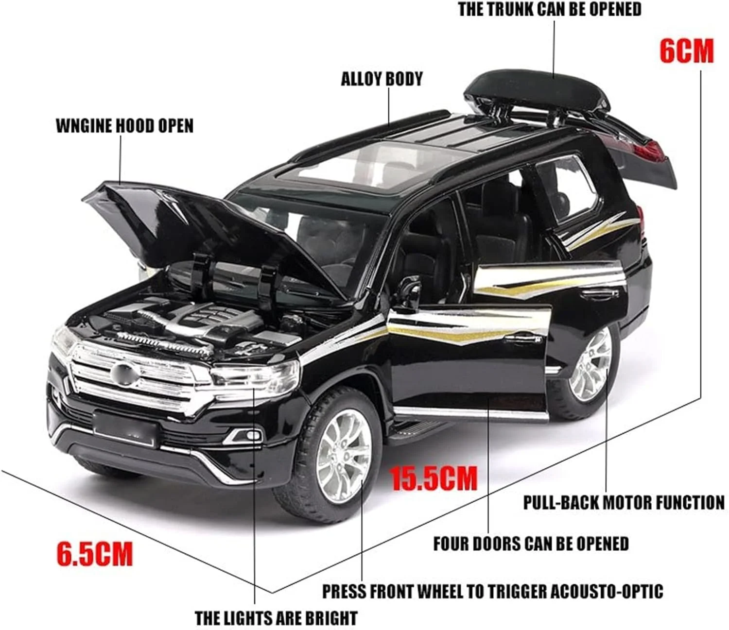 مدل ماشین دایکست YBSM تویوتا لندکروزر SUV مقیاس 1:32، آلیاژی، با قابلیت پخش صدا و نور، عقب کش، کلاسیک و لوکس، اسباب بازی و هدیه برای کودکان (رنگ: مشکی)