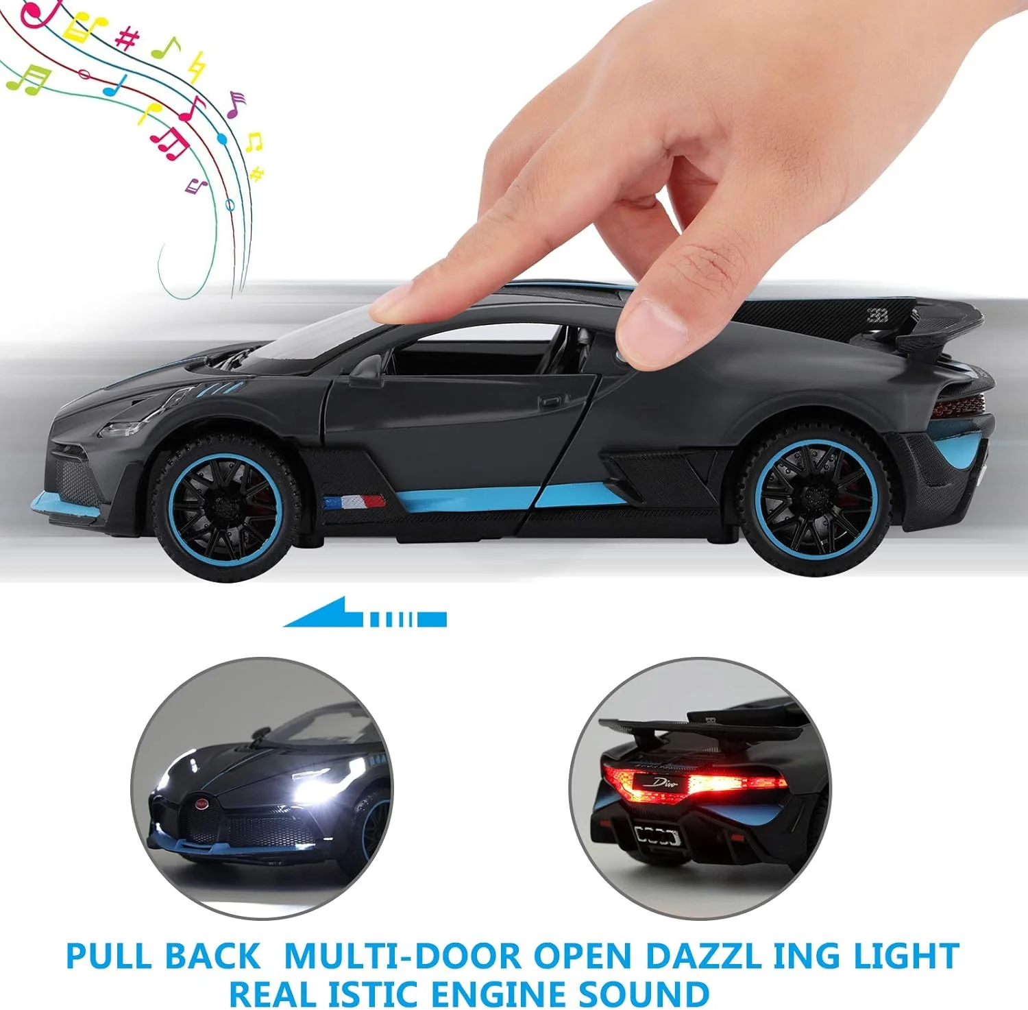 مدل ماشین بوگاتی دیوو، اسباب بازی مدل ریخته گری آلیاژ روی، ماشین عقب کش، مقیاس 1/32 - هدیه اسباب بازی برای کودکان نوپا، پسران و دختران (خاکستری)