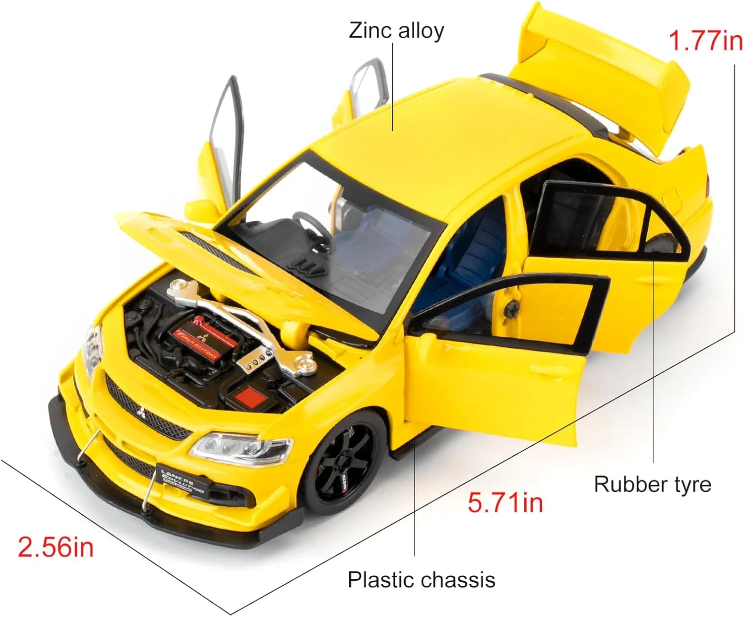 ماشین های اسباب بازی سازگار با مدل ماشین میتسوبیشی لنسر Evolution 1:32، وسایل نقلیه کلکسیونی دایکاست عقب کشیدنی با صداها و چراغ ها برای کودکان پسران دختران و بزرگسالان، هدیه زرد