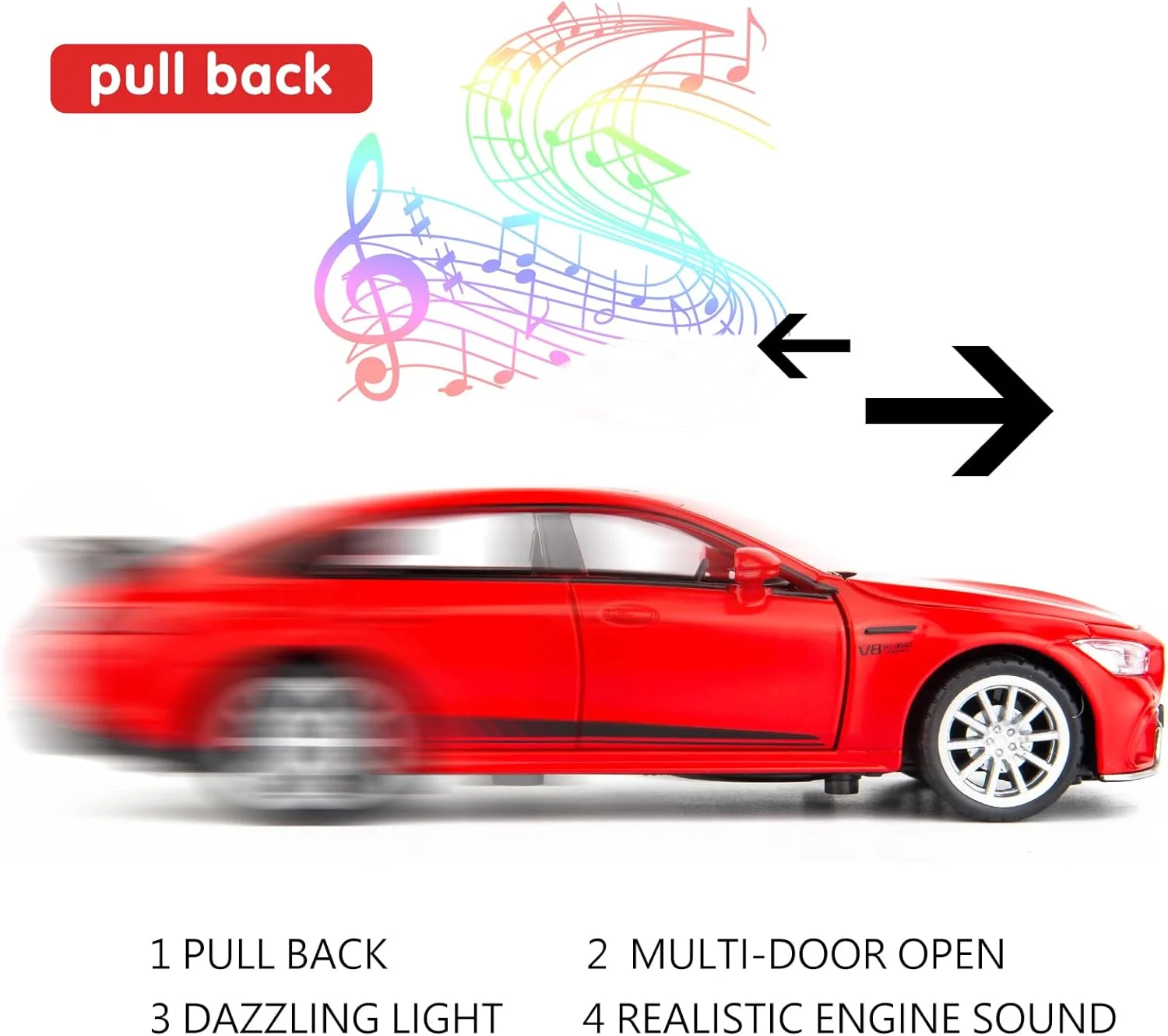 مدل ماشین فلزی بنز AMG GT63 مقیاس 1/32، اسباب بازی کلکسیونی دایکست آلیاژ روی، عقب کش، با نور و صدا، مناسب کودکان بالای 3 سال (قرمز)