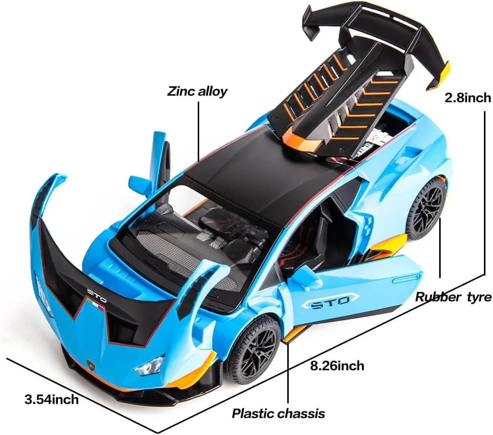 مدل ماشین هوراکان STO مقیاس ۱/۲۴، اسباب بازی دایکست، عقب کش، با نور و صدا، درب ها بازشو (آبی)