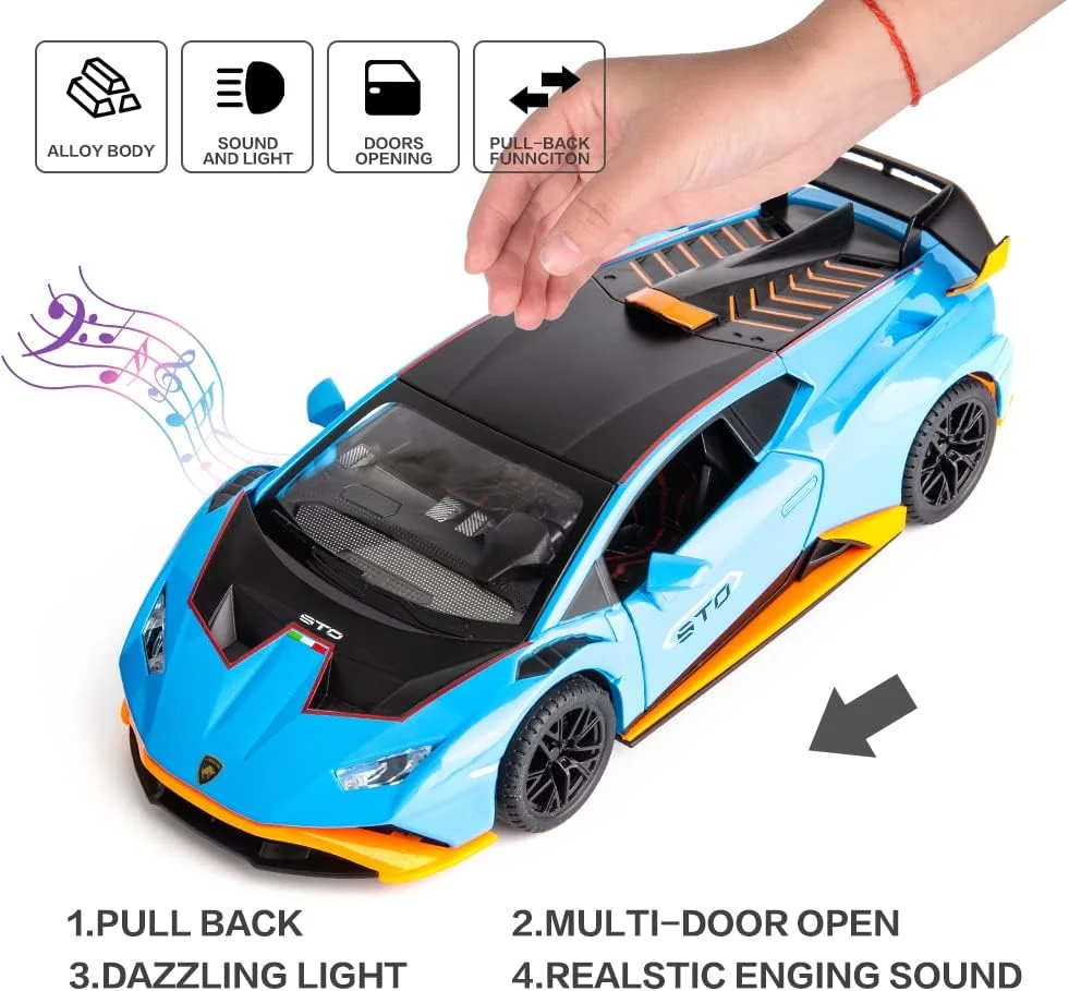 مدل ماشین هوراکان STO مقیاس ۱/۲۴، اسباب بازی دایکست، عقب کش، با نور و صدا، درب ها بازشو (آبی)