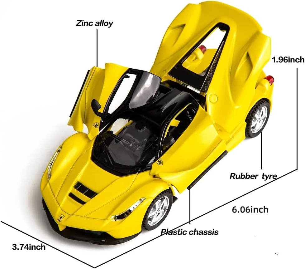 مدل ماشین مسابقه ای فراری لافراری مقیاس 1/32، اسباب بازی دایکست عقب کشیدنی با نور و صدا، هدیه ای برای پسران (زرد)