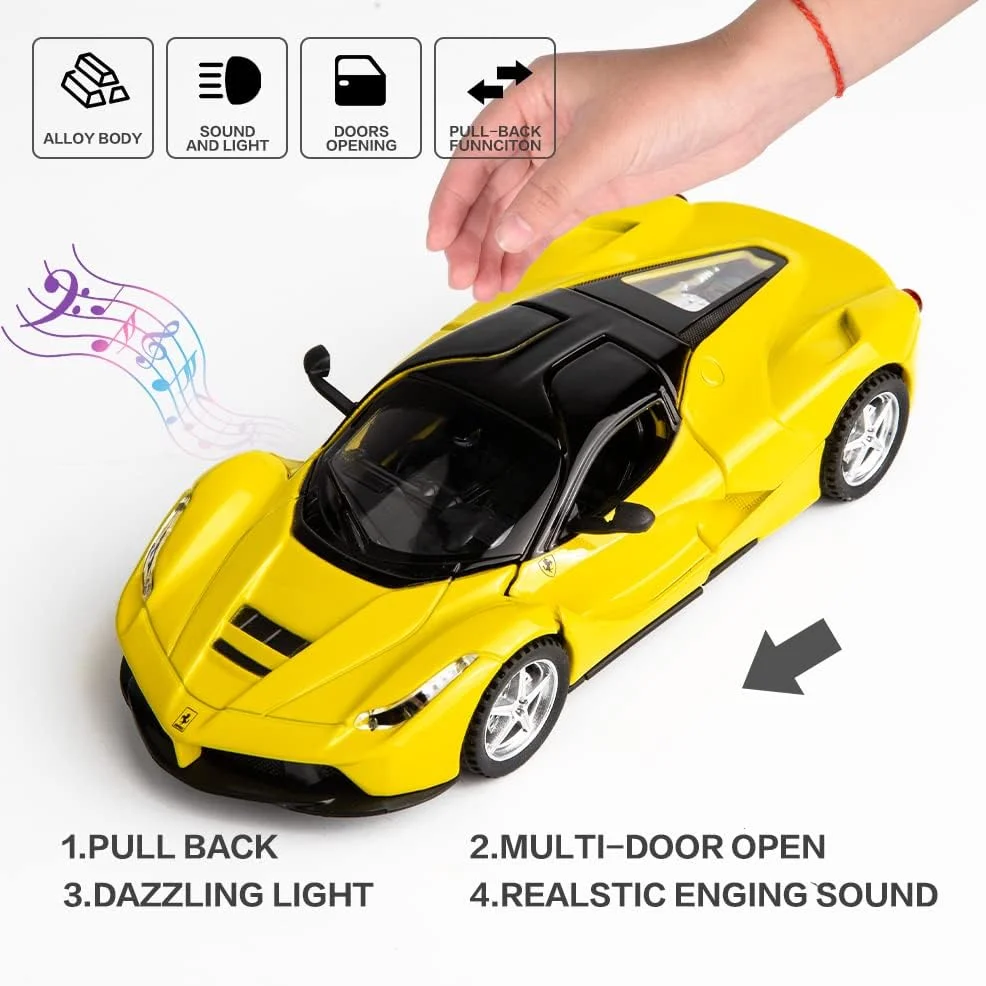مدل ماشین مسابقه ای فراری لافراری مقیاس 1/32، اسباب بازی دایکست عقب کشیدنی با نور و صدا، هدیه ای برای پسران (زرد)
