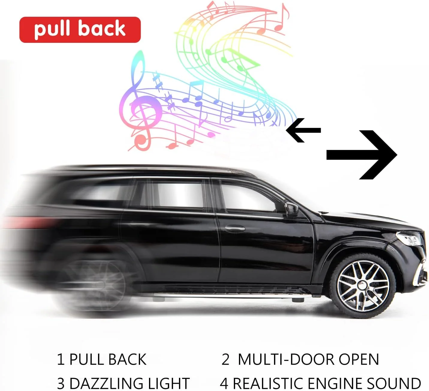 مدل ماشین دایکست بنز GLS63 AMG مقیاس 1/24 آلیاژی کلکسیونی عقب کش با چراغ و صدا، اسباب بازی ماشین برای پسران بزرگسال (مشکی)