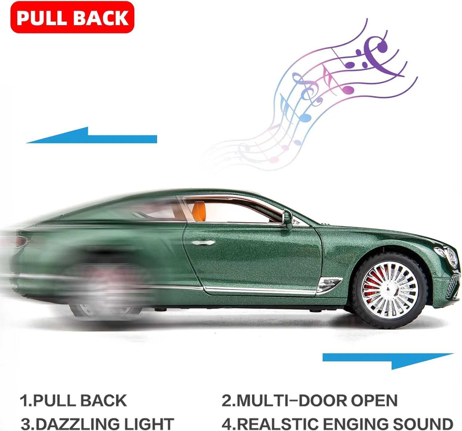 ماشین اسباب بازی مدل بنتلی کانتیننتال GT مقیاس 1/24، کلکسیونی، فلزی، عقب کش، درب ها بازشو، هدیه برای پسران و دختران (سبز)