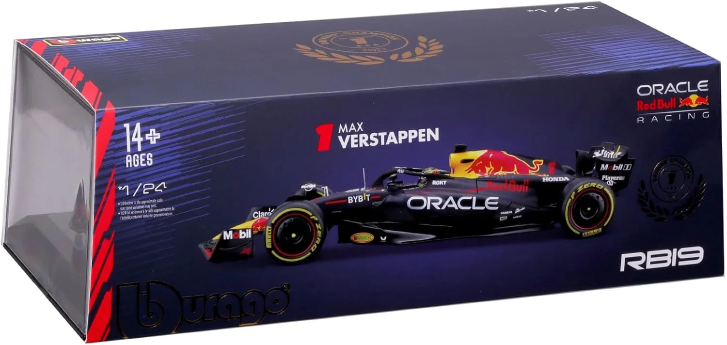 مدل ماشین مسابقه ای مکس ورشتپن ردبول RB19 فرمول 1 قهرمان جهان 2023 - مقیاس 1/24، طول 23 سانتی متر، دایکست BBurago 18-28030-1
