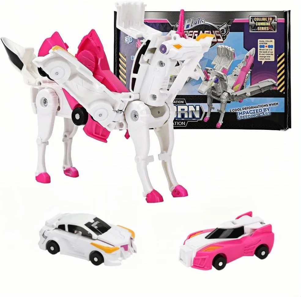 اسباب بازی ماشین تک شاخ دگرگون شونده - تبدیل تصادفی به تک شاخ های جادویی، 2 عدد ماشین-ربات دگرگون شونده برای کودکان، تغییر شکل خودکار با اتصالات مغناطیسی. مناسب برای تولد پسران و دختران