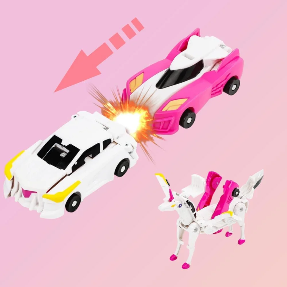 اسباب بازی ماشین تک شاخ دگرگون شونده - تبدیل تصادفی به تک شاخ های جادویی، 2 عدد ماشین-ربات دگرگون شونده برای کودکان، تغییر شکل خودکار با اتصالات مغناطیسی. مناسب برای تولد پسران و دختران