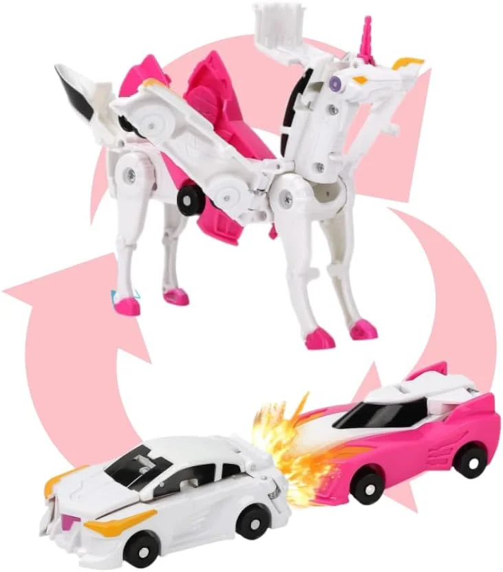 اسباب بازی ماشین تک شاخ دگرگون شونده - تبدیل تصادفی به تک شاخ های جادویی، 2 عدد ماشین-ربات دگرگون شونده برای کودکان، تغییر شکل خودکار با اتصالات مغناطیسی. مناسب برای تولد پسران و دختران