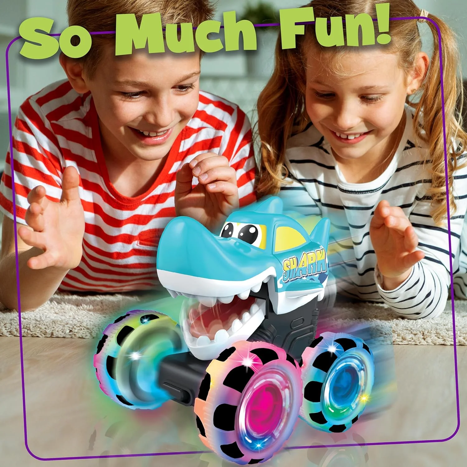 ماشین هیولا کوسه TOY GARDEN - ماشین اسباب بازی عقب کشیدنی گازگیر با چراغ و چرخ های بزرگ | ماشین هیولا برای مسابقه، شیرین کاری و سرگرمی در فضای باز، هدیه برای سنین 3 سال به بالا، جلوه های LED، لاستیک های آجدار