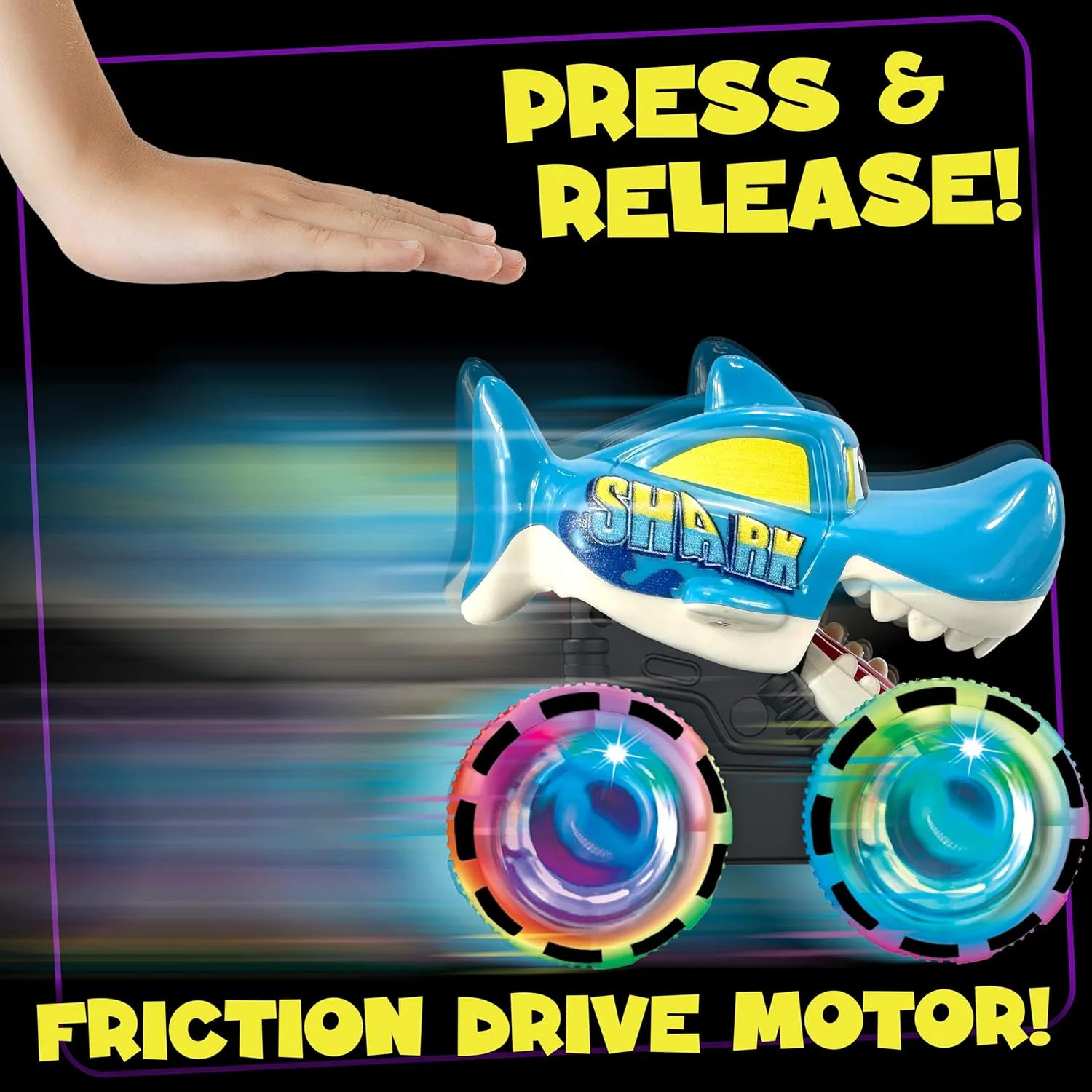 ماشین هیولا کوسه TOY GARDEN - ماشین اسباب بازی عقب کشیدنی گازگیر با چراغ و چرخ های بزرگ | ماشین هیولا برای مسابقه، شیرین کاری و سرگرمی در فضای باز، هدیه برای سنین 3 سال به بالا، جلوه های LED، لاستیک های آجدار