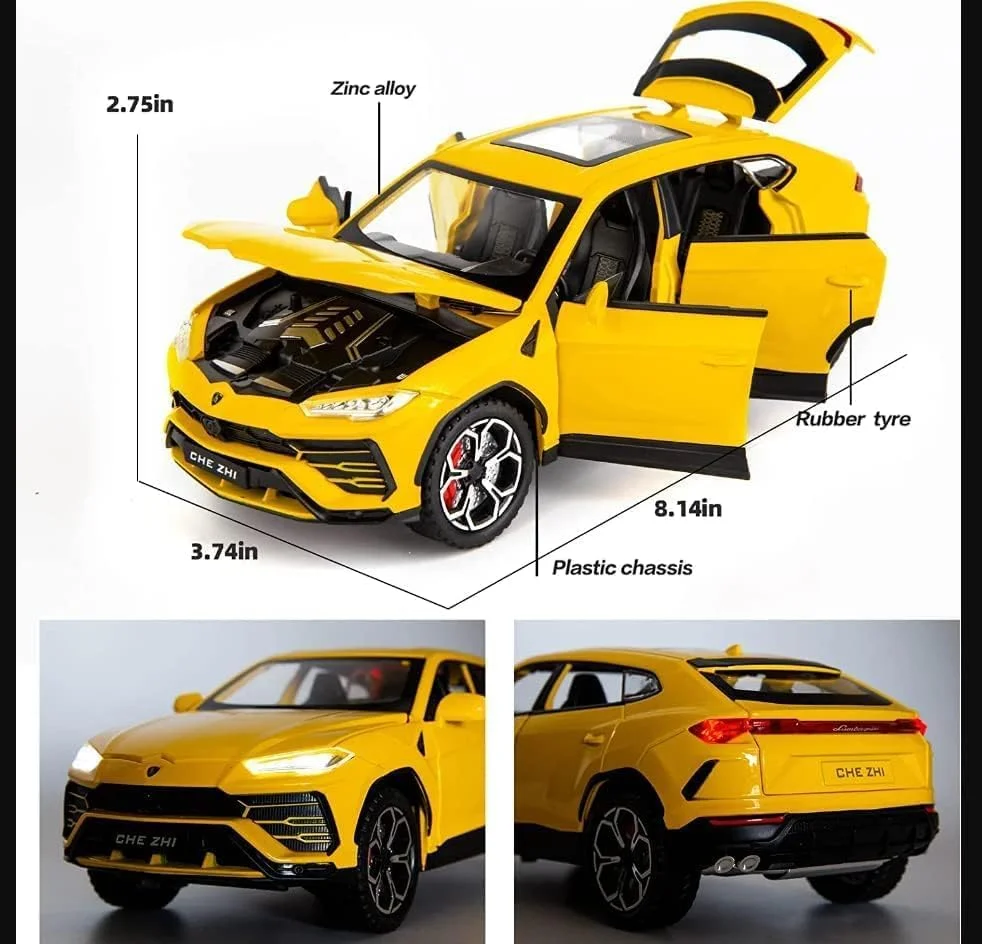 مدل ماشین اسباب بازی دایکست TOY GARDEN مقیاس 1:24، زرد رنگ، عقب کش، با قابلیت باز شدن درها، چراغ ها و صداها، اسباب بازی ماشین واقعی برای کودکان، هدیه ای برای پسران، دختران و کلکسیونرها