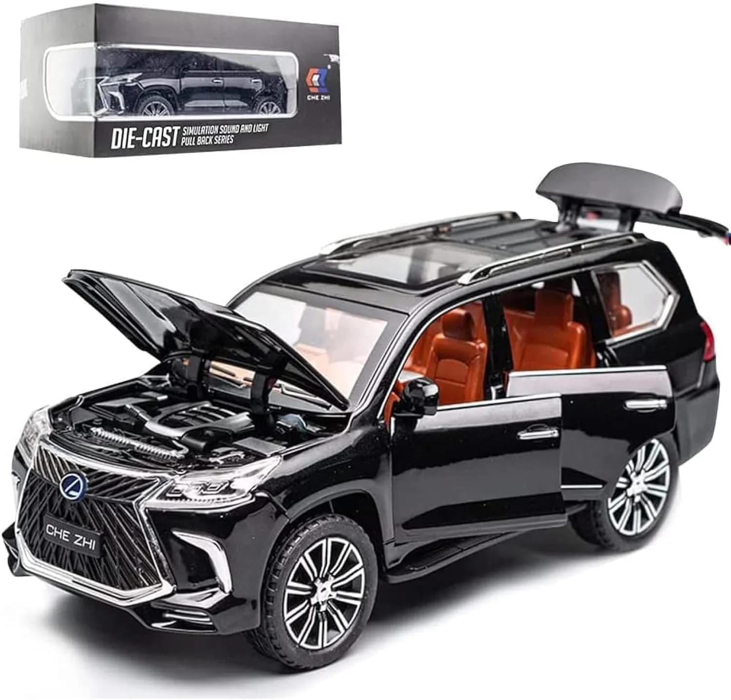 مدل ماشین لکسوس 570 آفرود، مقیاس 1:24، جنس دایکست، اسباب بازی عقب کش فلزی با صدا و نور، مناسب هدیه برای کودکان (مشکی)