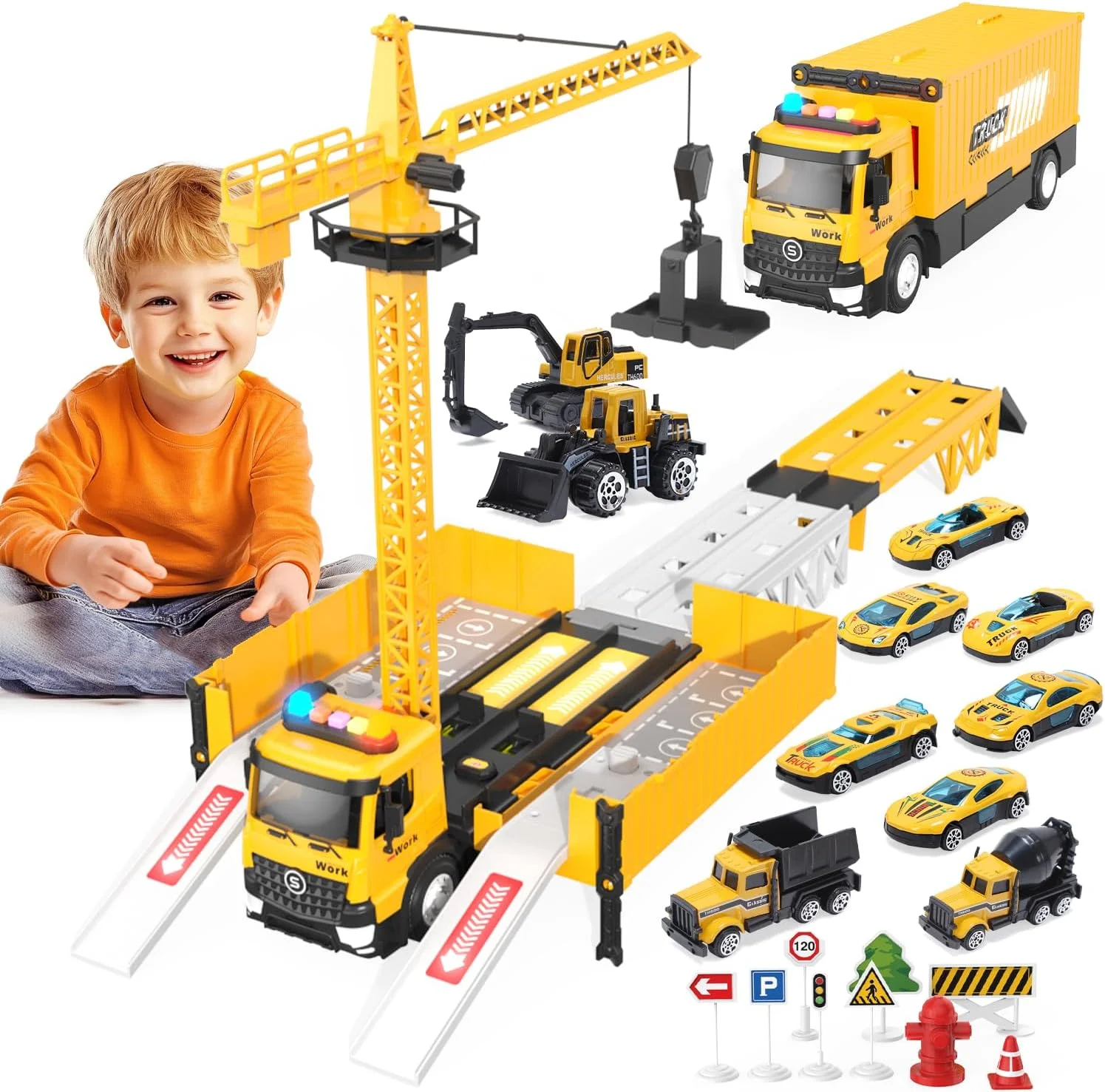 مجموعه ماشین های بازی ساخت و ساز Skirfy، وسایل نقلیه با صدا و نور در کامیون حمل کننده، اسباب بازی ماشین هل دادنی، هدیه تولد کودکان بالای 3 سال